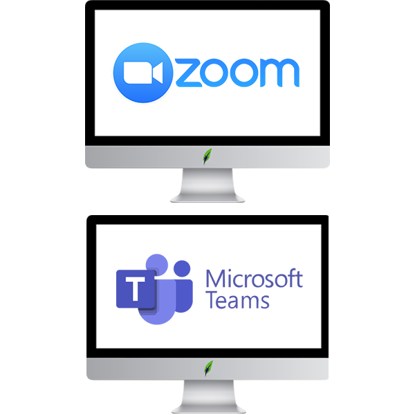 Online taalcursussen in digitale leeromgeving bij Dagnall Talen - face-to-face taaltraining Computerscherm met logo Google Hangouts en computerscherm met logo Microsoft Teams - in kleur op transparante achtergrond - 600 * 496 pixels